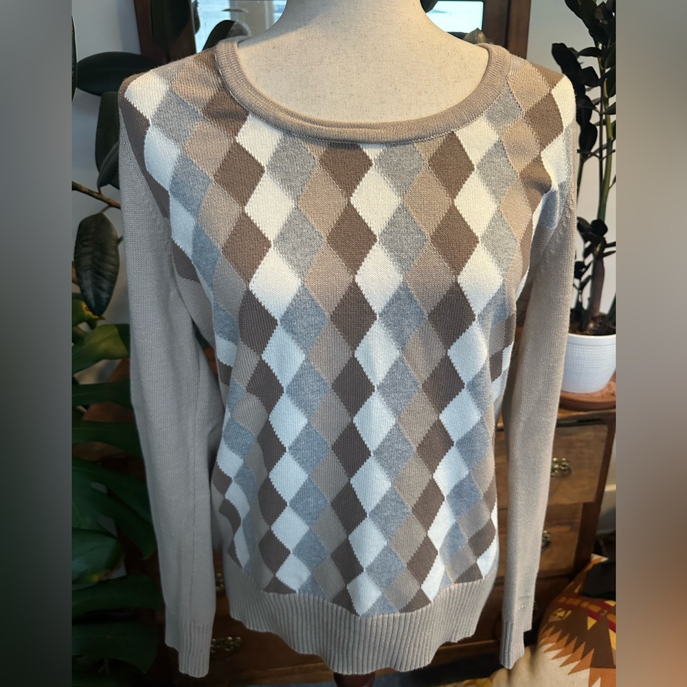Liz Claiborne womens argyle gray/tan 100% cotton knit sweater size large